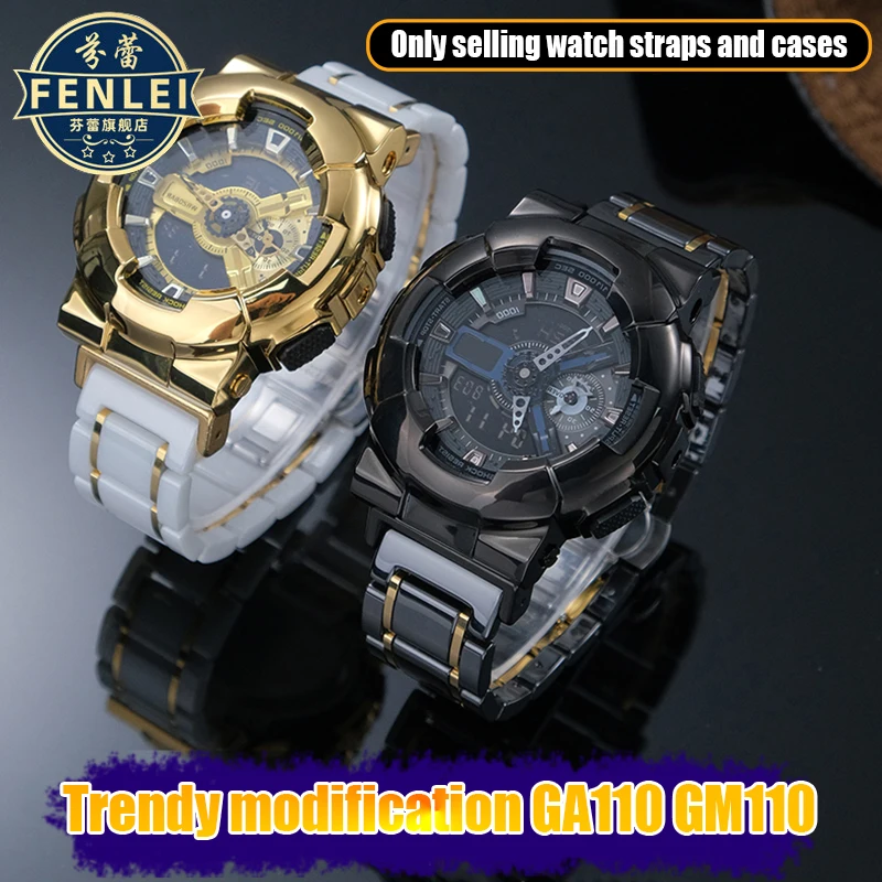 

For CASIO G-SHOCK GM110 GA110 GA110GB 2100 black gold modified ceramic Watch strap Men Watch Set stainless steel case Watchband