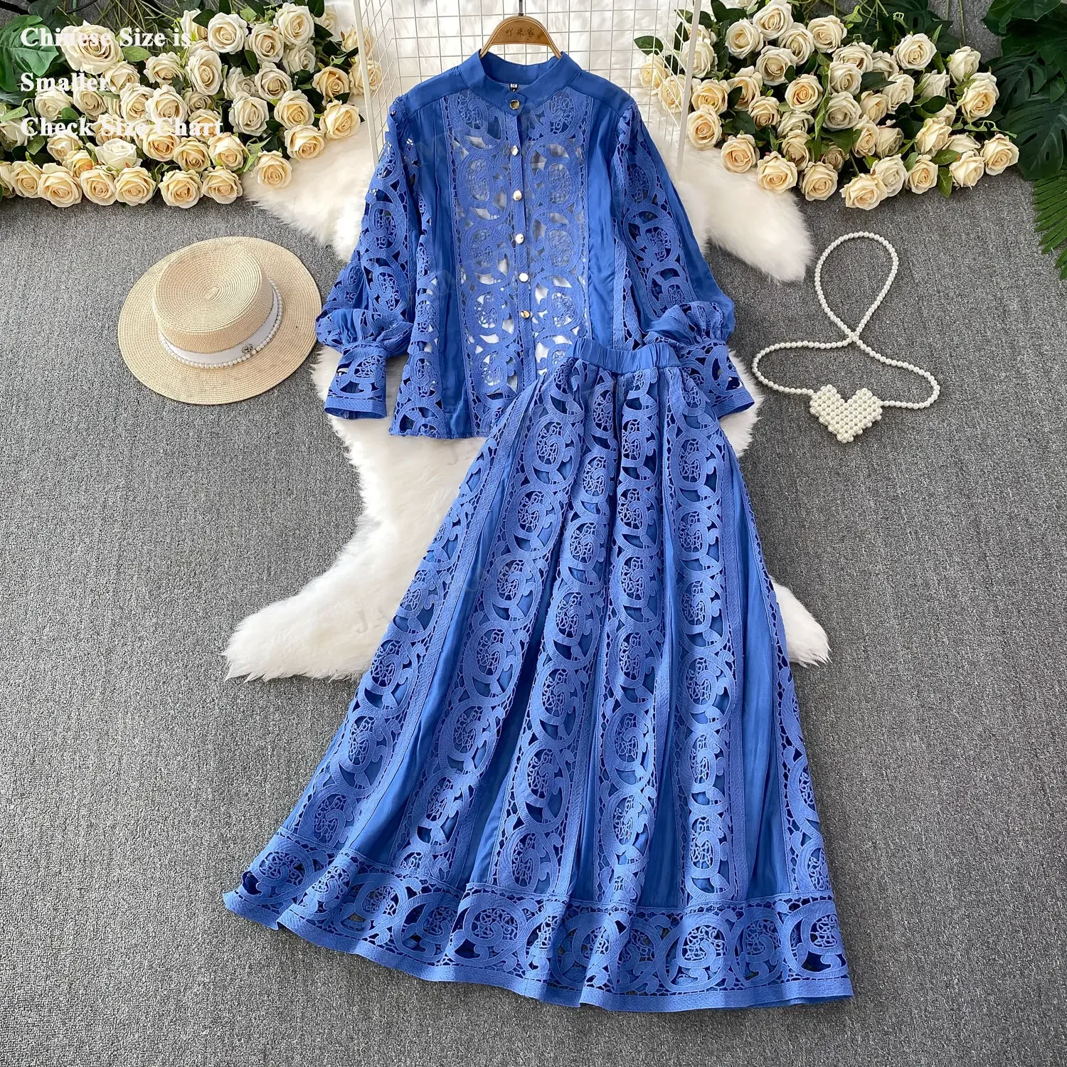 

Summer Embroidery Maxi Dress Two Piece Set Women Blue Hollow Lace Long Sleeve Blouse Shirts 3pcs Sets Elastic Waist Skirts Suits