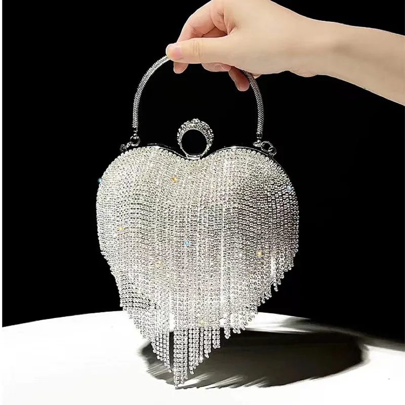 Heart Shape Rhinestone Tassel Evening Bag Women Luxury Party Clutches Handbag Elegant Glitter Banquet Wedding Chain Shoulder Bag