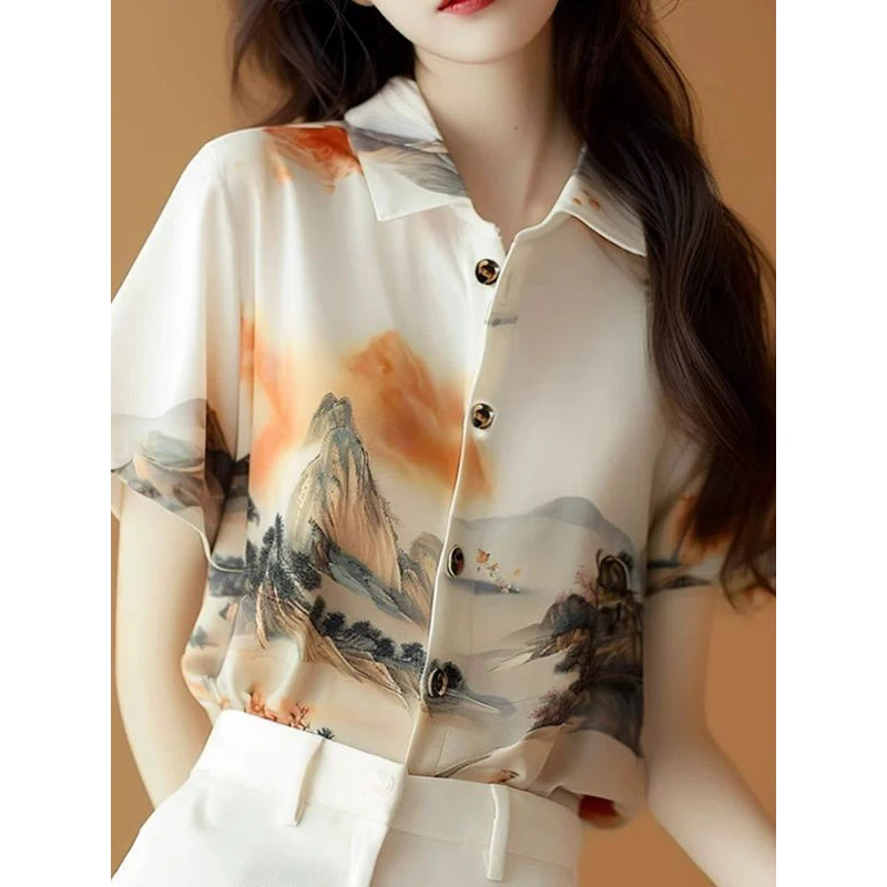 Women Summer Fashion Loose Chinese Style Printing Chiffon Polo-Neck Short Sleeve Shirts Ladies Casual All-match Elegant Top Tee