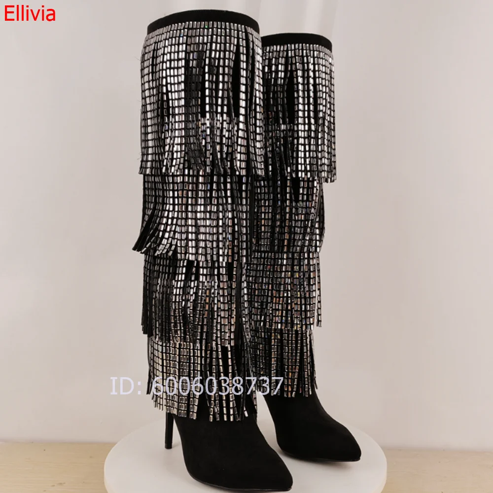 Women Pointed Toe Stiletto High Heel Boots Sequin Tassel Fringe Knee High Boots Sexy Stage Party Ladies Fashion Footwear