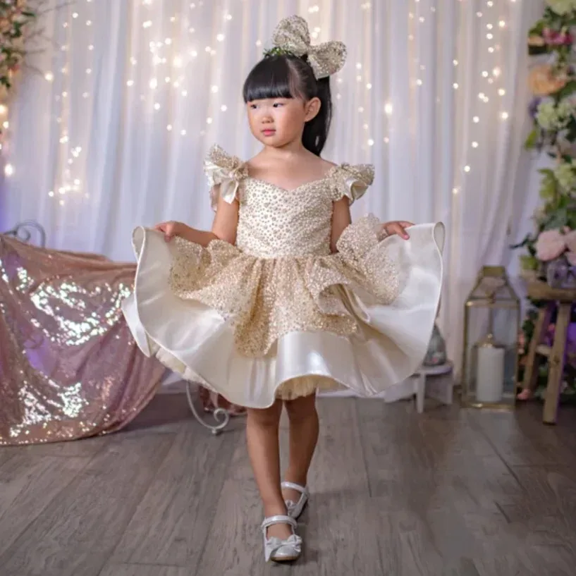 فساتين فتاة الزهور الشمبانيا لحفلات الزفاف اللامعة الجميلة للأطفال الصغار فساتين حفلات الفتيات مفاجأة هدية عيد ميلاد مخصصة
