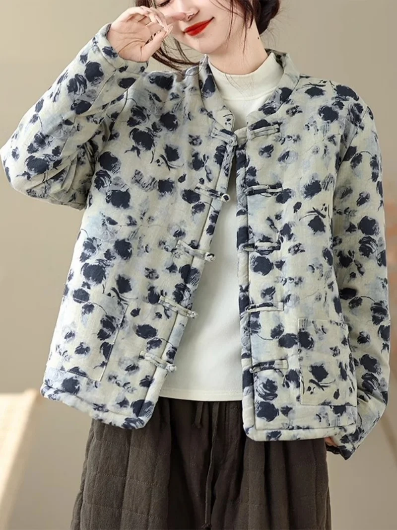 Printed Chinese Style Zen Clothing Quilted Cotton Coat For Women Spring Autumn Casual Short Warm Hanfu Jacket Top w1062