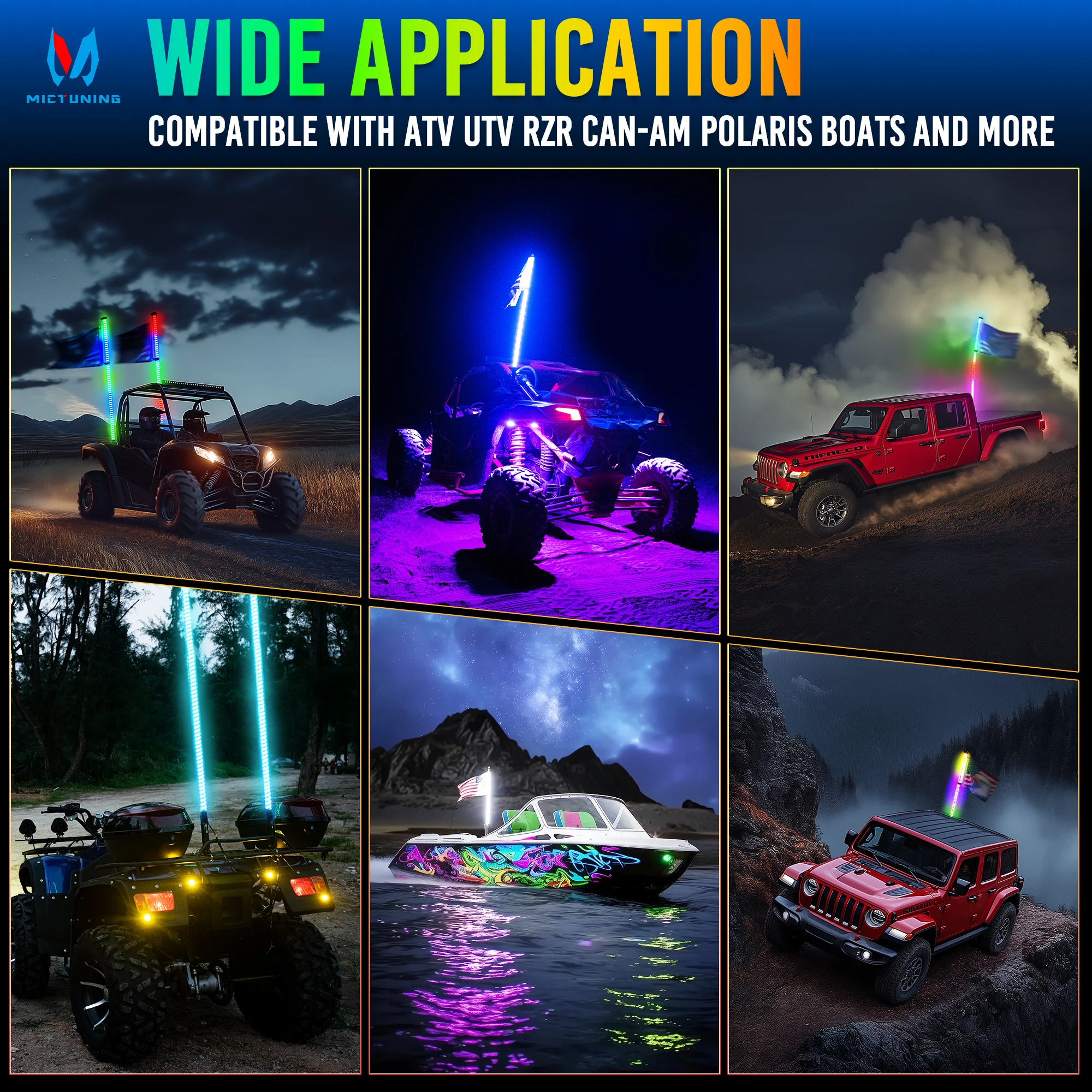 MICTUNING 3FT 360° Spiral LED Whip Lights,  RGB+IC Dream Flow Chasing Colors with Remote Control, Rocker Switch & Flags for ATV
