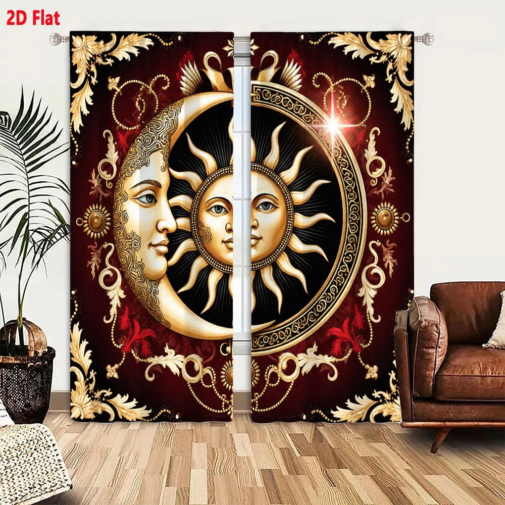 2Pcs Curtains 2D Flat Ornate Decorative Artwork Deep Red Background Golden Crescent Moon Sun Human Faces Intricate Patterns Gold