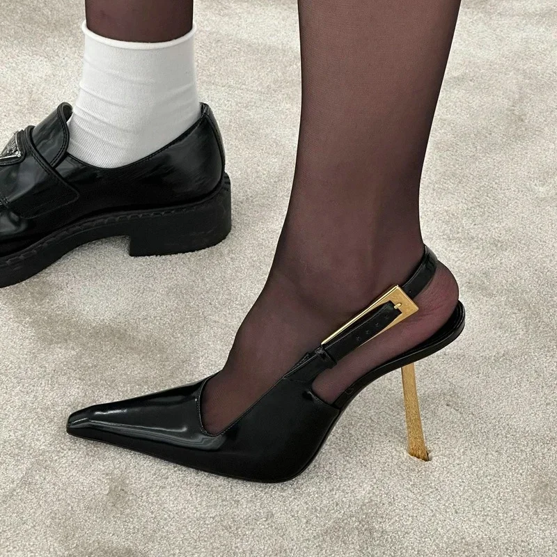 2024 Summer New Metal Stiletto Sexy Sandals Black Square Head High Heels Party Dress Pumps