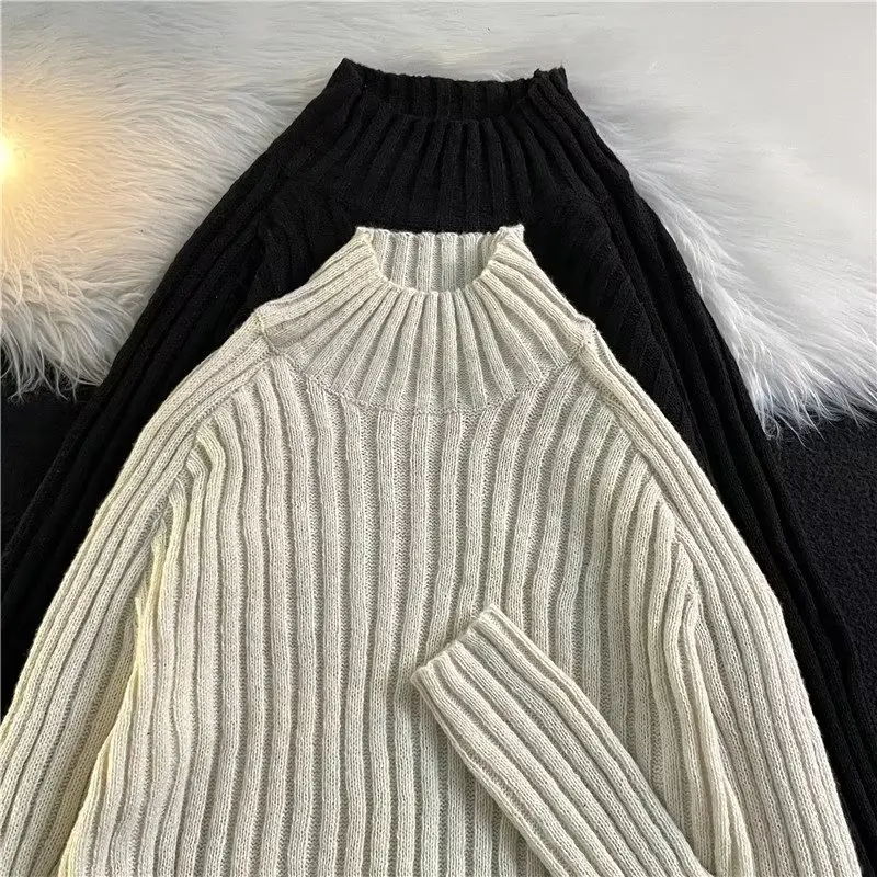 

Autumn Winter Large Size Men's High Collar Sweater Vertical Stripe Knitted irt Slimming Base Layer Top Casual Knitwear