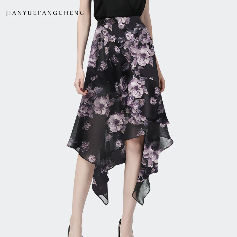 Fashion Women Summer Flowers Printing Black Chiffon Long Skirt High Waist A-Line Irregular Length Elegant Flowy Casual Skirts