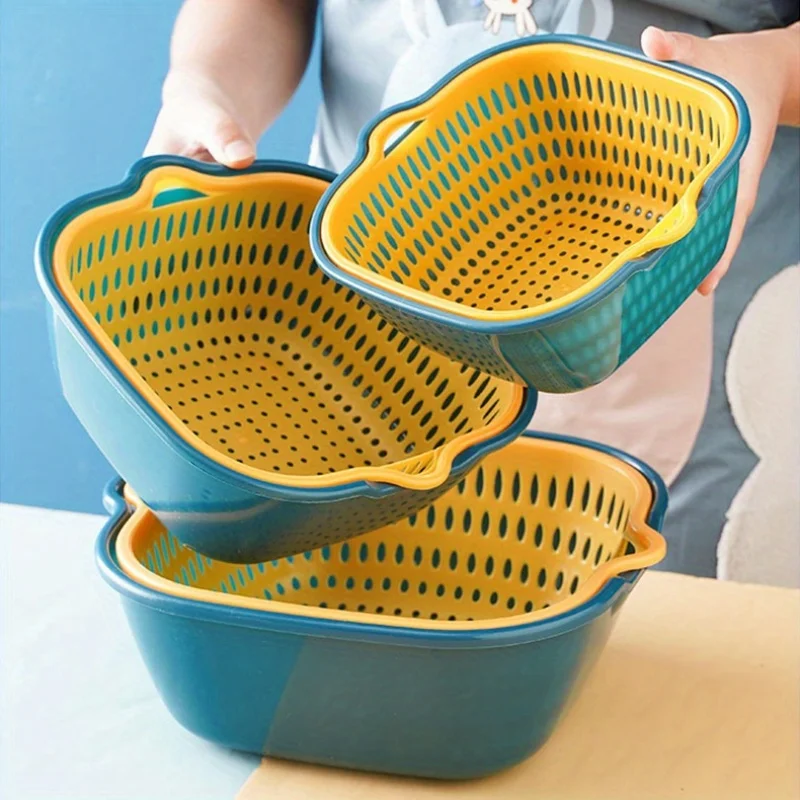 Double-Layer Drain Basket Household Washing Basin Enlarged Plastic Kitchen Washing Basket Washing Fruit Basin Living Room Fruit 