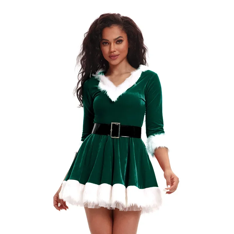 New Fashion Women Half Sleeve Solid Popular Ladies Santa Claus Xmas Theme Costume Cosplay Outfit Waistbelt Christmas Dress