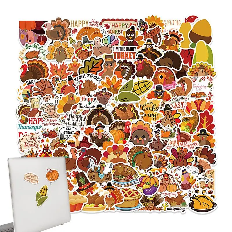 Thanksgiving Stickers 100pcs Turkey Sticker Waterproof Thanksgiving Dwarf Sticker Retro Autumn Holiday Stickers For Scrapbooking