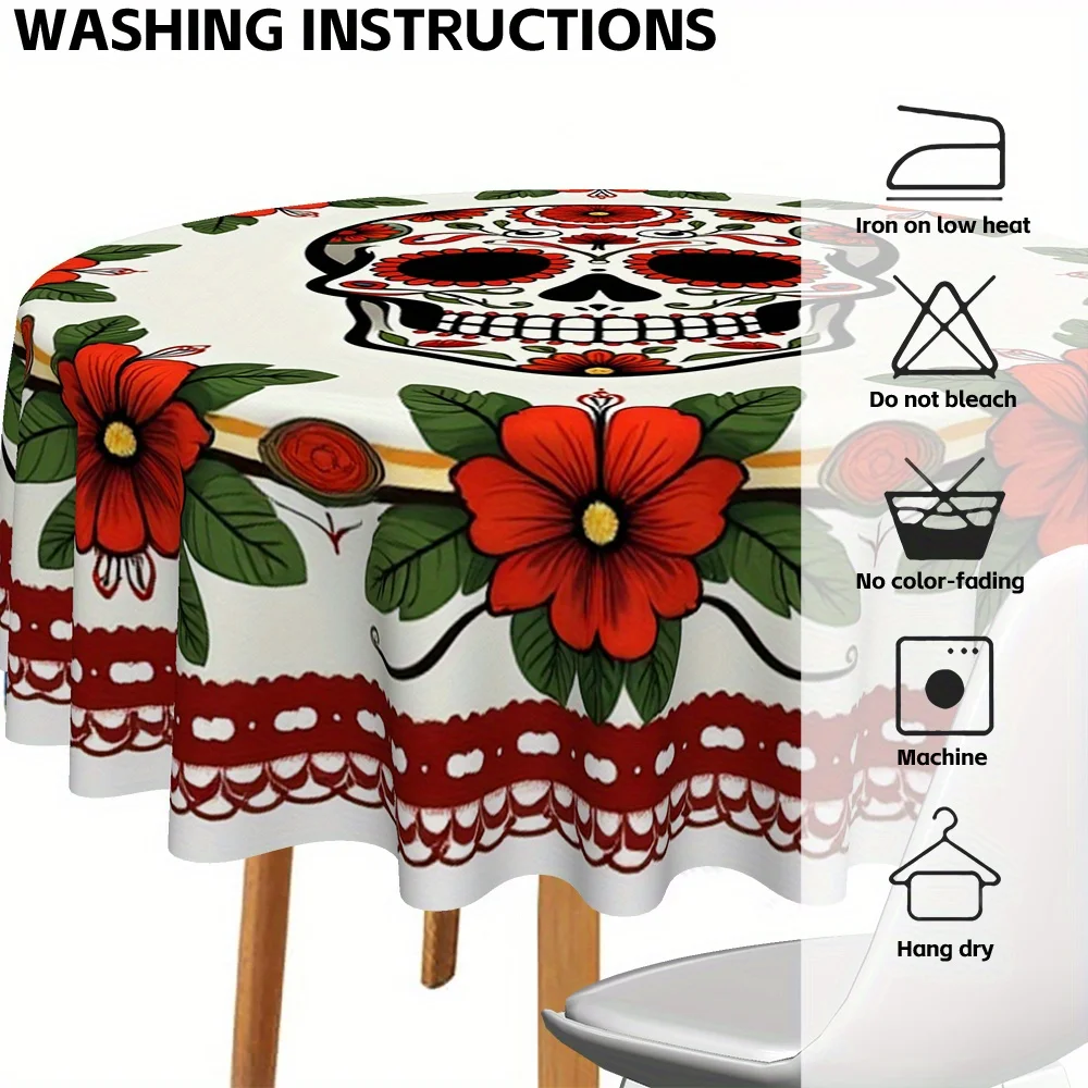 One tablecloth, made of peach-colored fabric, in a Christmas style, with a Halloween theme, in the shape of a circle.zyc