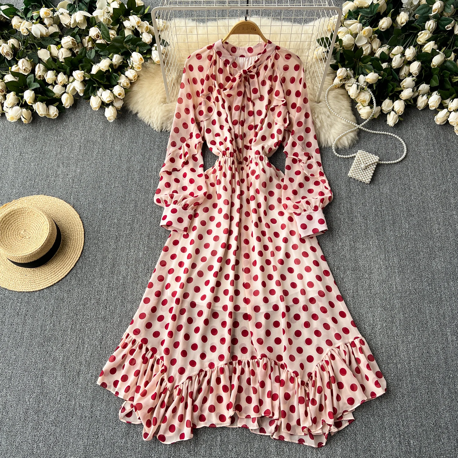 Summer Ruffles Printed Dress Women Waist Tight Wave Dot Chiffon Dress Office Lady Lace-up Slim Elegant Long Vintage Dresses