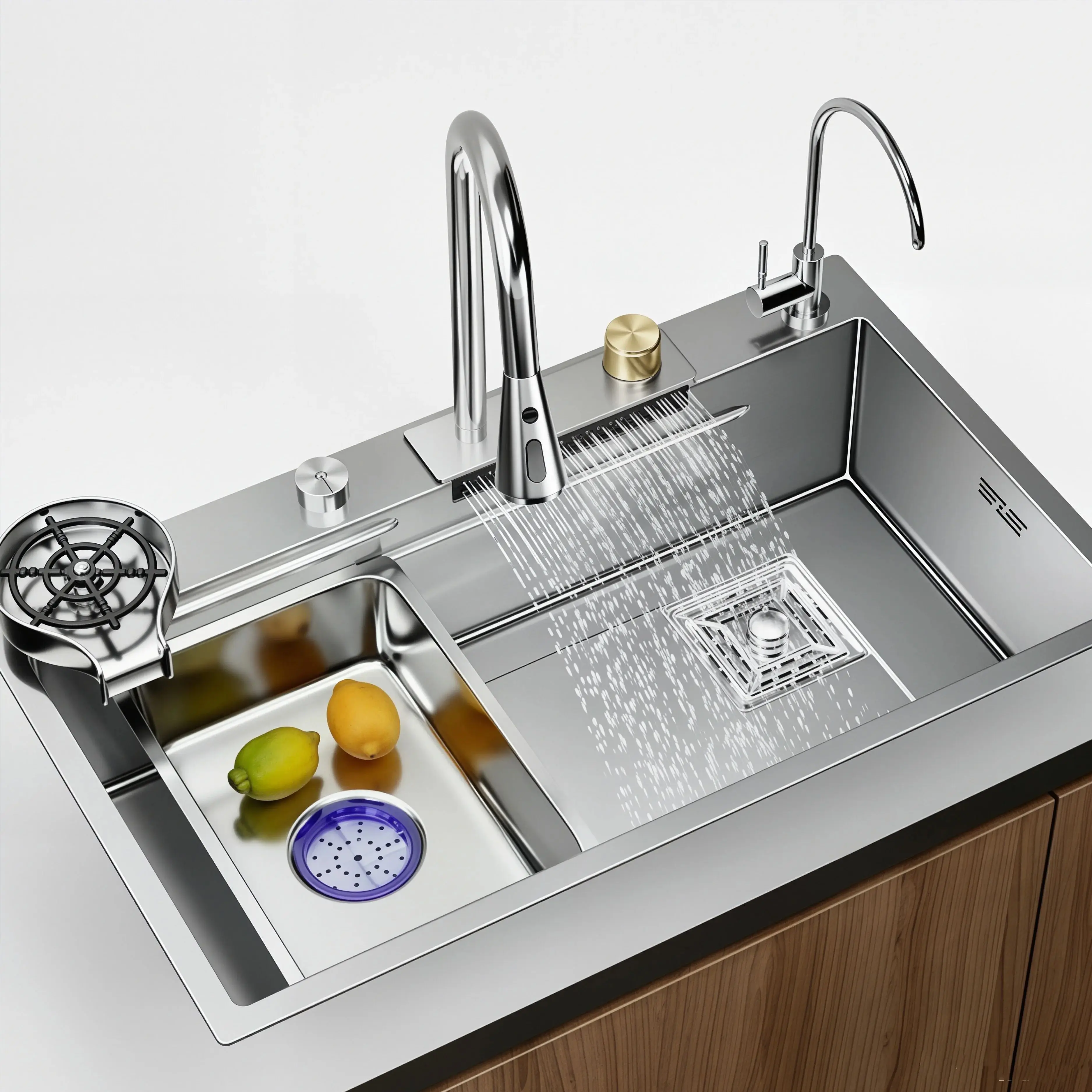 Évier de cuisine en acier inoxydable 304 nano-revêtu, grand bac unique avec robinet cascade, bassin de lavage profond pour la maison