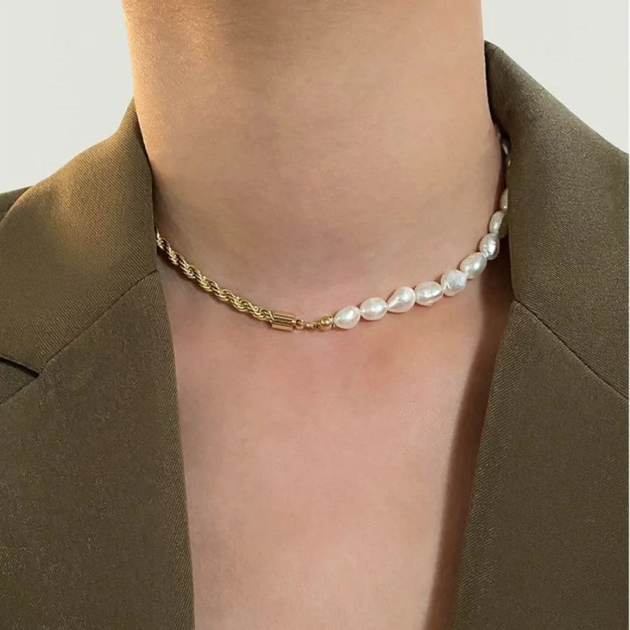 

Natural Freshwater Pearl 14k Gold Twist Chain Rope Chain Splicing Choker Necklace