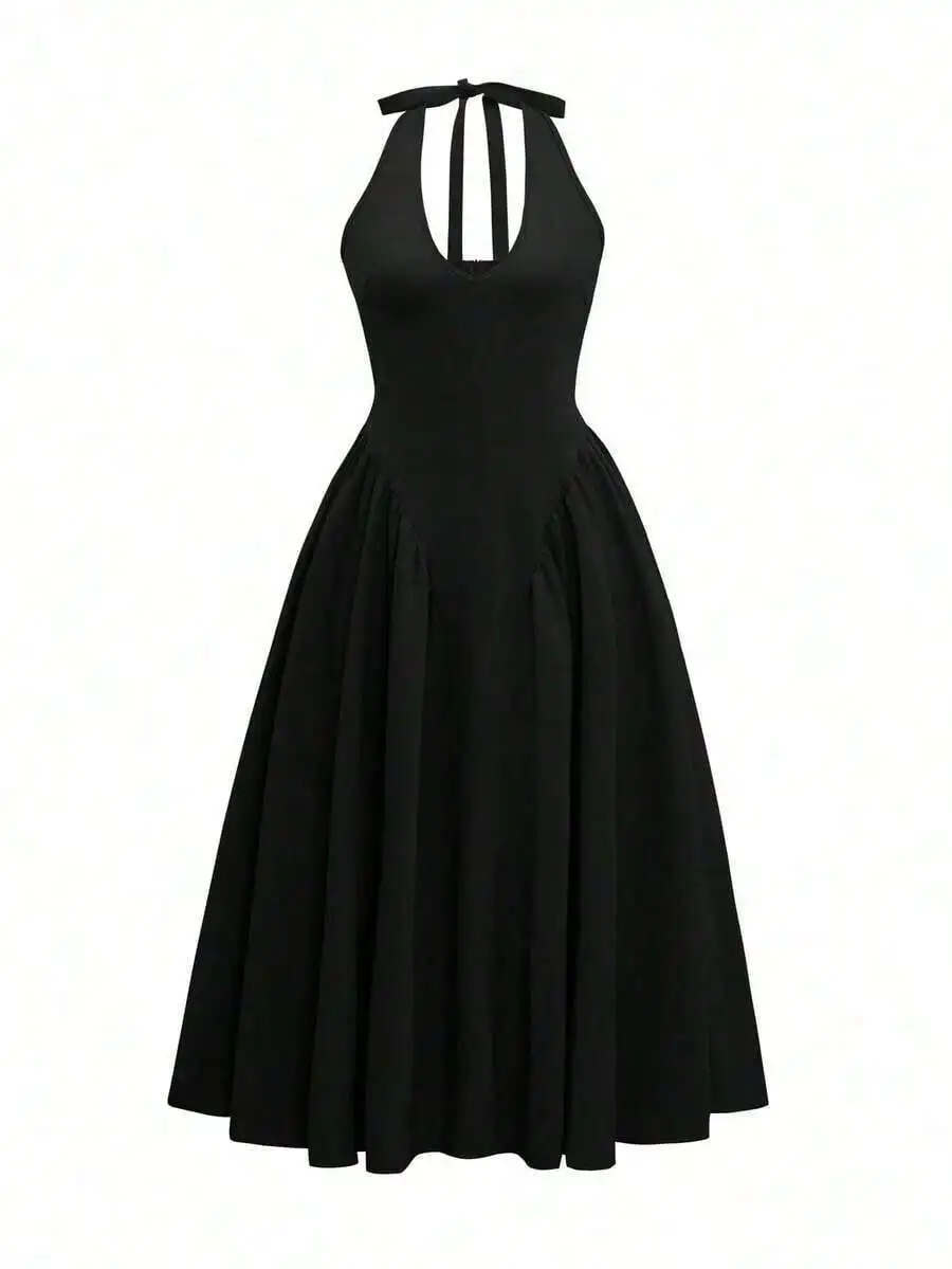 

Womens Halter Backless Ruched Midi Dress A-Line High Waist Party Elegant