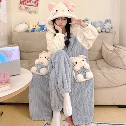 Cartoon Hello Kitty Pajamas Women's Winter Cartoon Pajamas Warm Thickened Hooded Women's Pajamas Sanrio Loungewear Bathrobes