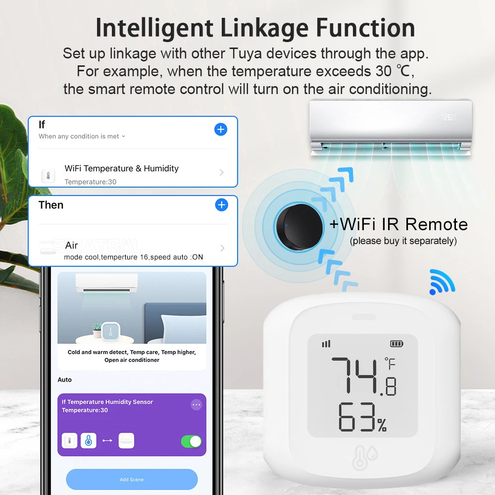 Sensor inteligente de temperatura y humedad para interiores, Monitor de termómetro con pantalla LCD, funciona con Alexa y asistente de Google, Tuya, WiFi/Zigbee