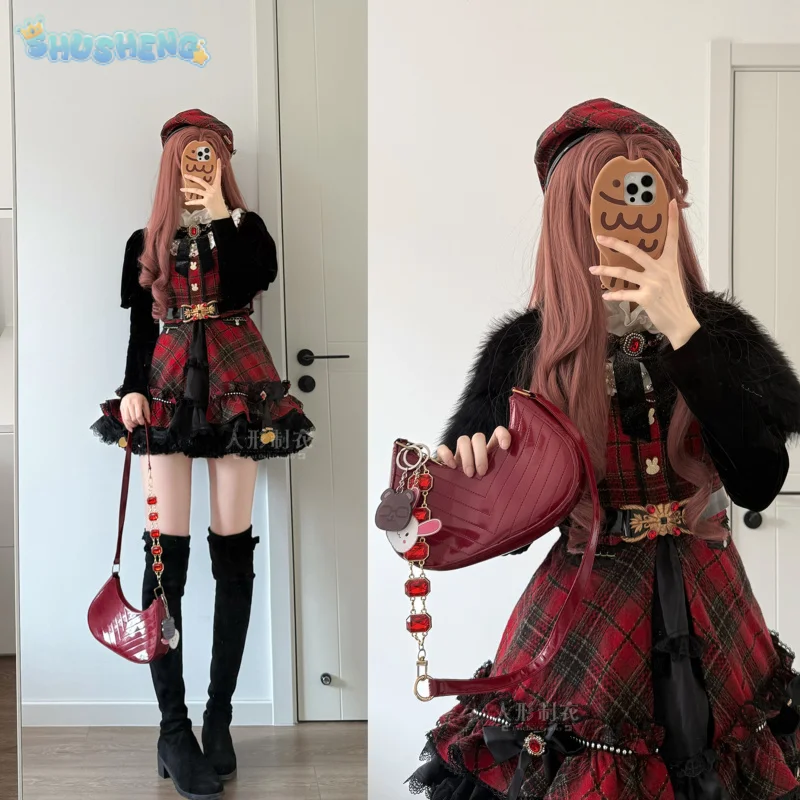 

MC female lead Cosplay Costume Game Light and Nigh The Protagonist Halloween Party Women's Fashion Checkered Dress Hat Prop Set