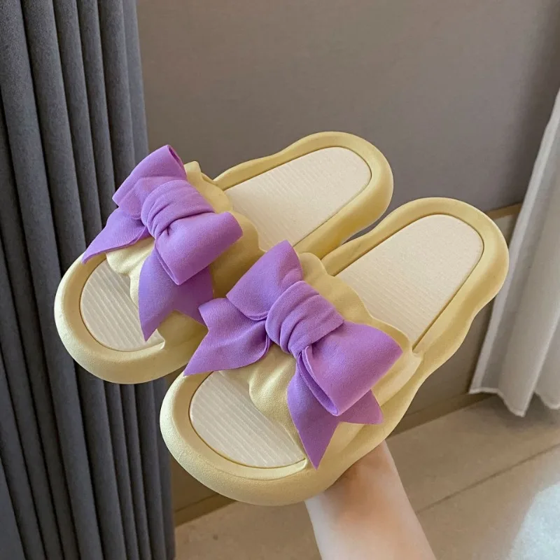 Thick Bow Slippers Women\'s Indoor Home Sandals Couple Bathroom Slippers Anti Slip Soft Home Slippers New Comfortable