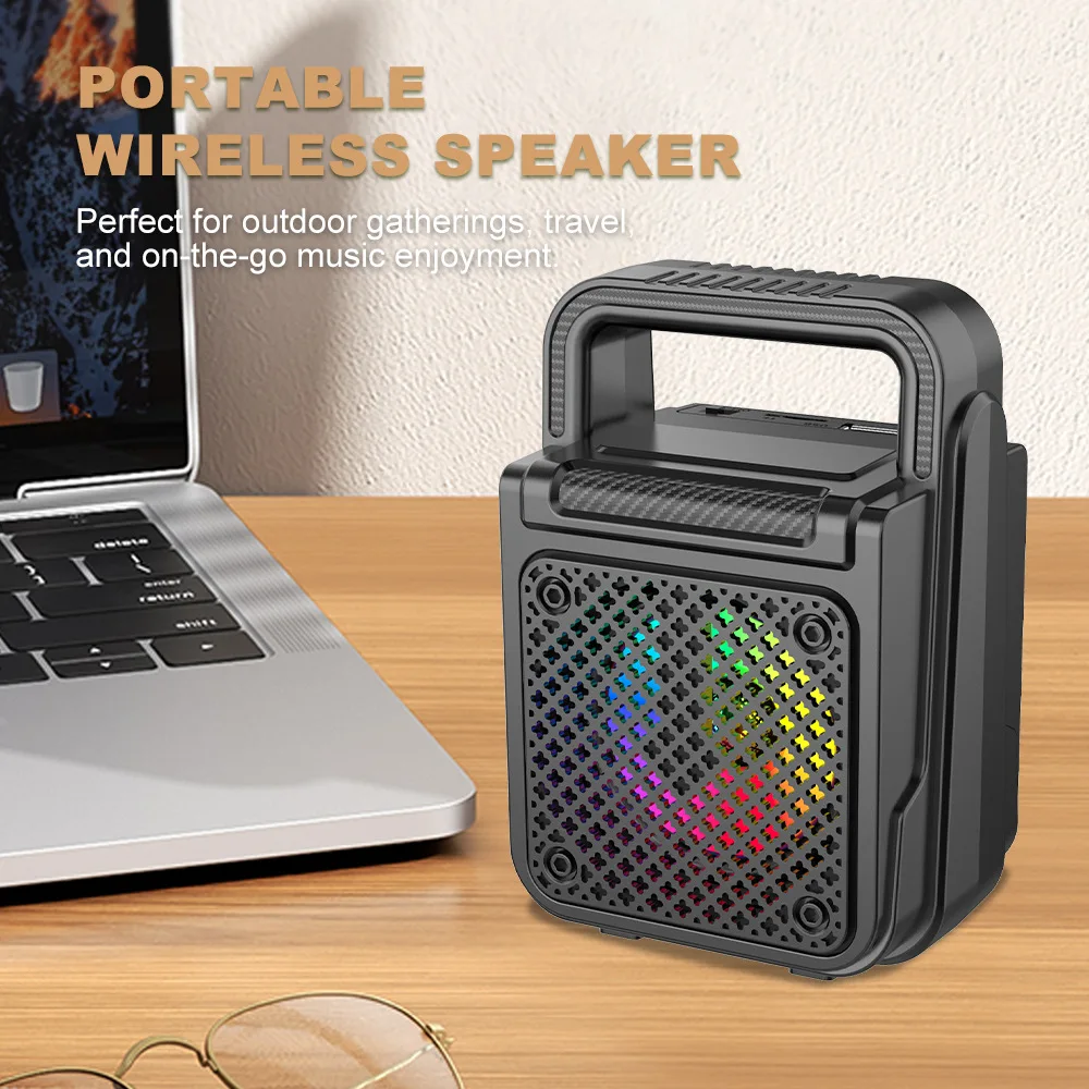 Portable Handheld Bluetooth Speaker with RGB Color LED Lights Heavy Bass Stereo Wireless Speaker Support TF Card USB FM Radio Mini Outdoor Speaker for Beach Camping Home Party