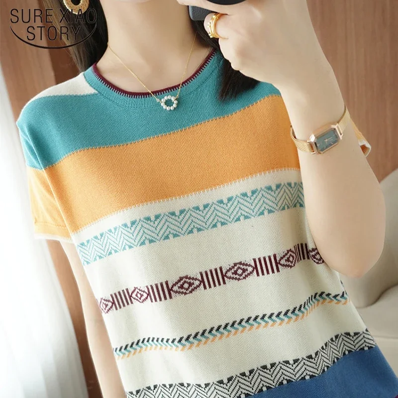 Ladies Summer 2024 New Ice Silk O-Neck Striped Knitted Tshirts Feminine Short Sleeve Women Pullover Sexy Fashion Sweaters 19295