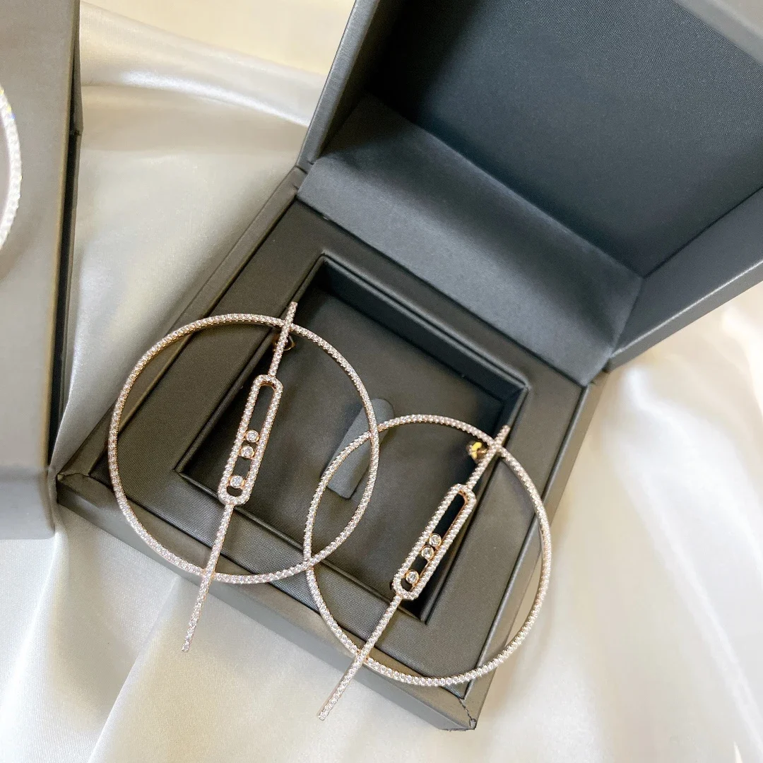 CY 925 Sterling Silver Luxury Jewelry Circular Women's Diamond Earrings. Sliding Diamond