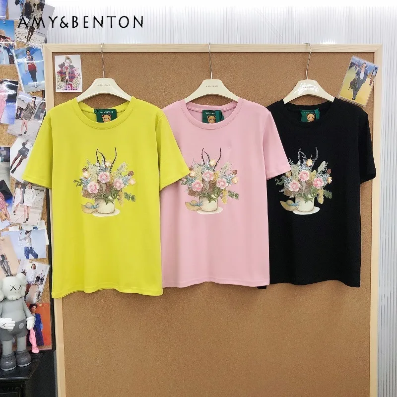 

Новая модная футболка в европейско-американском стиле с 3D-принтом в виде цветов, свободного кроя, с круглым вырезом, коротким рукавом, для женщин