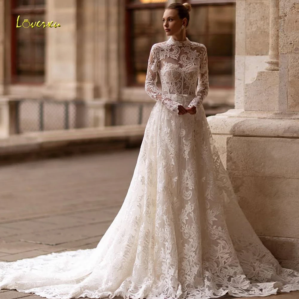 

Loverxu A-Line Backless Wedding Dresses For Women High Neck Vestido De Novia Lace Embroidery Elegant Custom Made Bridal Gowns