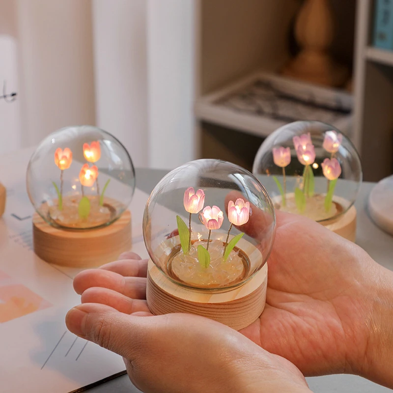 LED Tulip Crystal Glass Ball Night Light Home Bedroom Mini Flowers Lamps Wedding Party Decoration Valentines Day Birthday Gifts