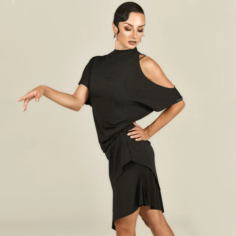 Design Sense Latin Dans Kleding Vrouwen Zwart Onregelmatige Strass Tops Rumba Dansvoorstelling Praktijk Kleding Volwassen DNV25464