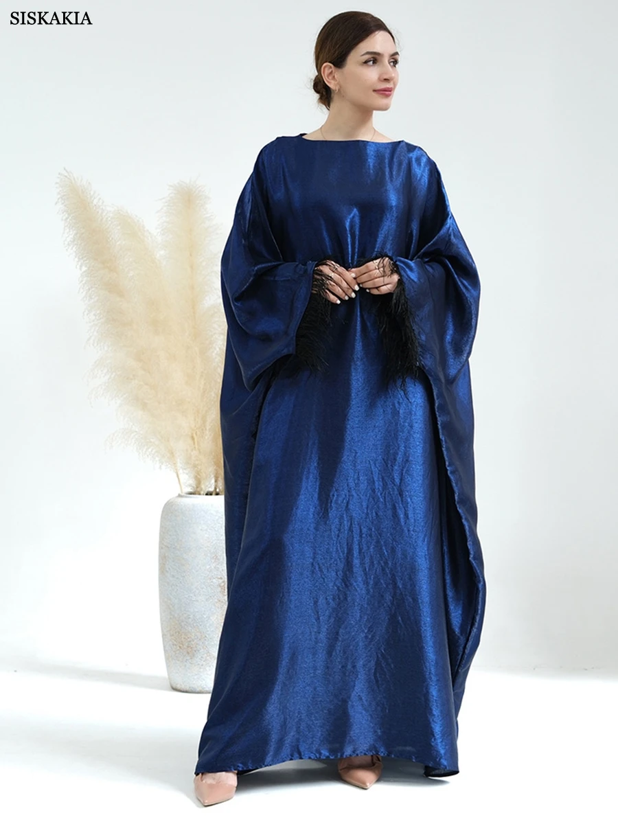 Dubai Luxury Abaya For Moroccan Lebsa Women Party Saudi Turkish Clothing Fashion Solid Feathers Batwing Sleeve Muslim Gown