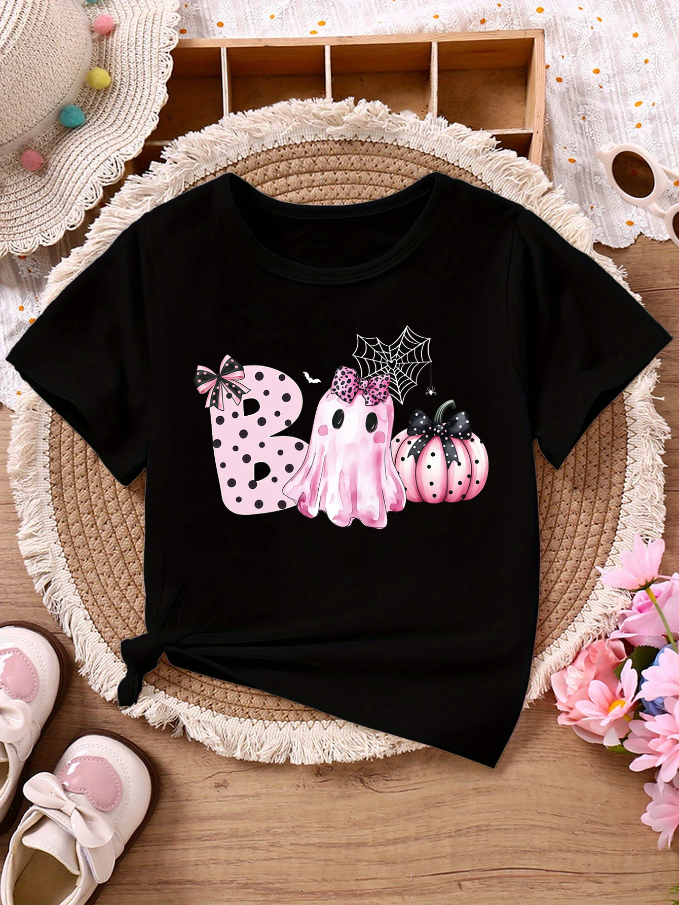 Halloween Boo Spooky Bow Bats Printed T Shirt Girls Halloween Gift T-Shirt Funny Kids Clothes White/Black/Blue/Purple T-Shirt