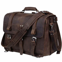 Maleta de couro genuíno vintage para homens, grande bolsa de negócios masculino 15,6 