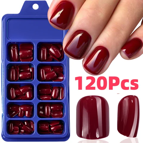 120Pcs Red Short Square Fake Nails Summer Glossy Full Cover Press on Nailtip Acrylic False Fingertip for Women Mother's Day Gift