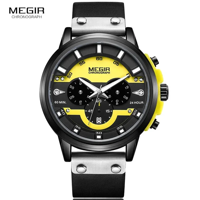 MEGIR 24 Hours Chronograph Quartz Watches Waterproof Casual Leather Wristwatch for Man Luminous Hands Sports Watch 2080 Yellow