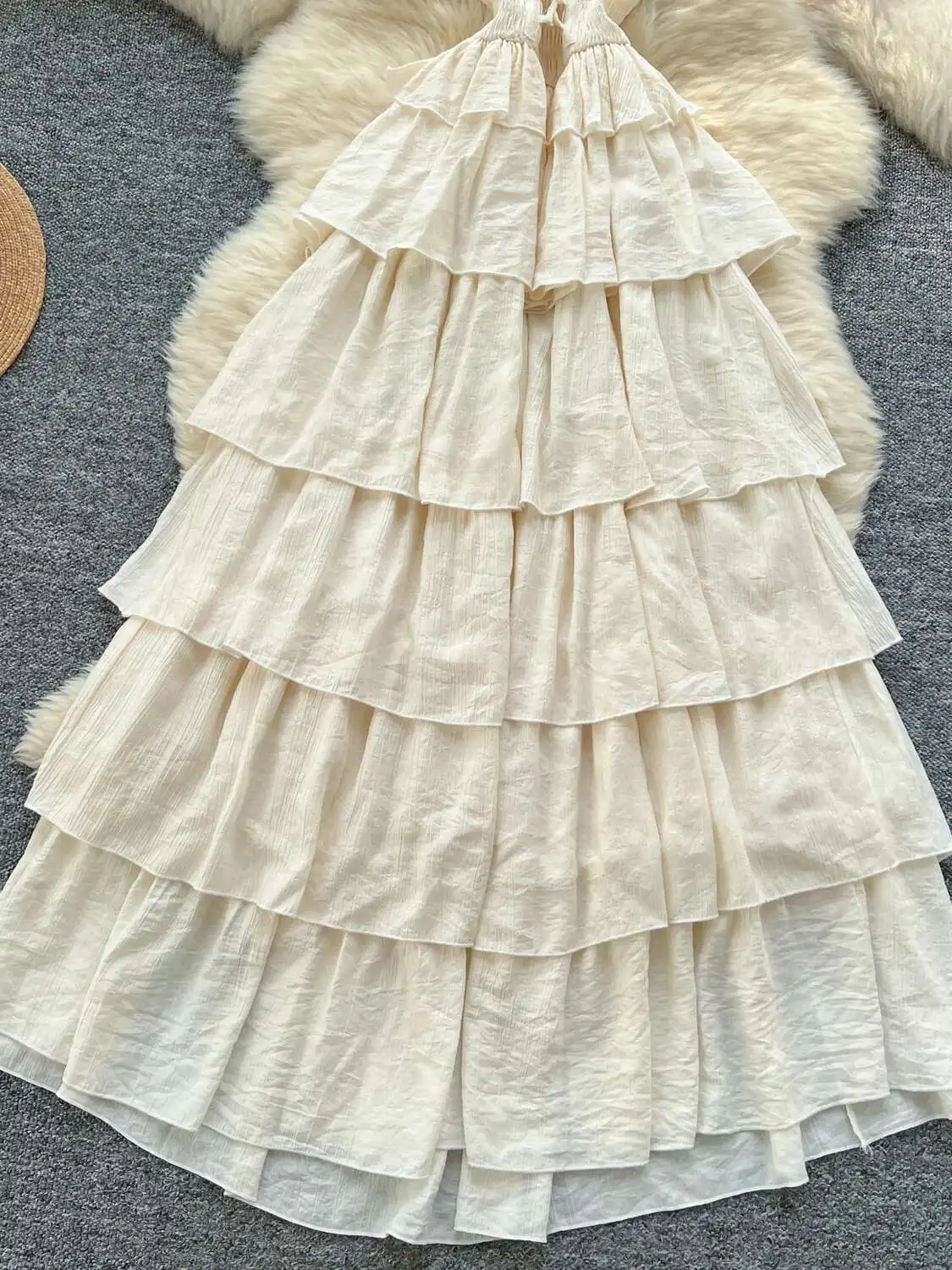 Francês sexy vestido de praia feminino verão pendurado pescoço em camadas vestidos longos senhoras fora do ombro magro a linha sem costas longo robe