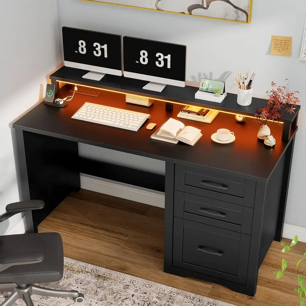 مكتب تنفيذي بذراع مقاس 47 بوصة مع حامل شاشة وأضواء LED ومنافذ طاقة للمكتب المنزلي والدراسة والكتابة باللون الأسود