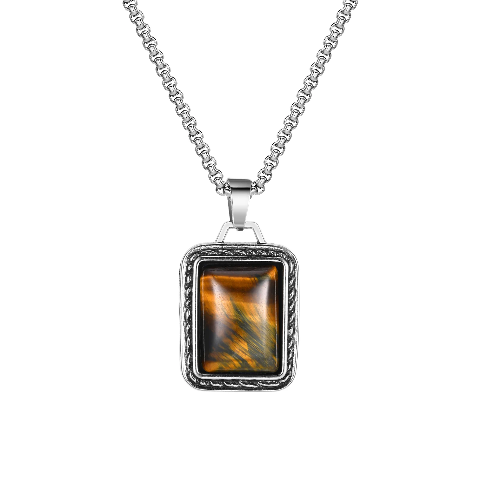 

Vintage Brown Square Necklaces for Men Boys,Tiger Eye Stone Pendant Necklaces,Rock Punk Jewerly Birthday Father Gift