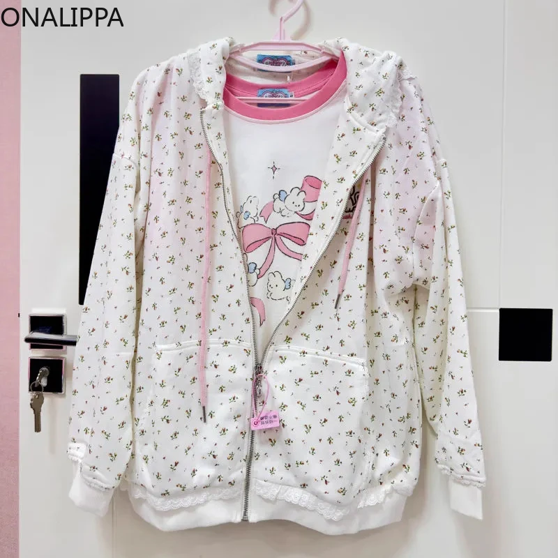 Onalippa Kawaii Cat Embroidery Floral Sweatshirt Hoodie Lace Wood Ear Hem Patchwork Hoodies Zip Up Mid-length Hoodie Bape