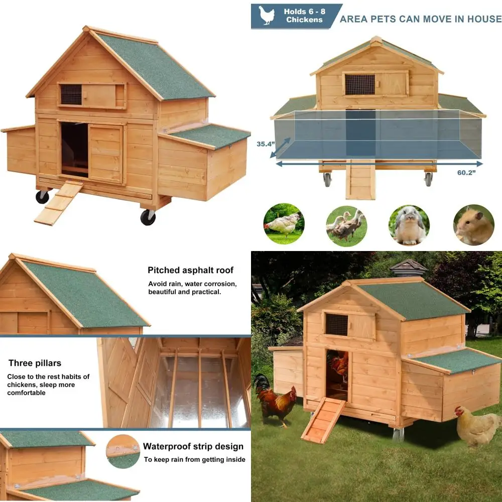 

Movable Chicken Coop for 6-8 Hens with Waterproof Outdoor Hen House, Two Nesting Boxes, and Wheels