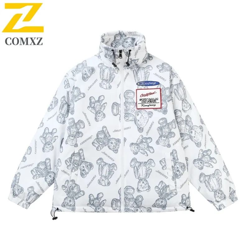 

COMXZ Men Puffer Jacket Fashion Bear Printing Ski Street Windproof Warm Travel Cotton-Padded Jacket Casual Snow Bread Jackets