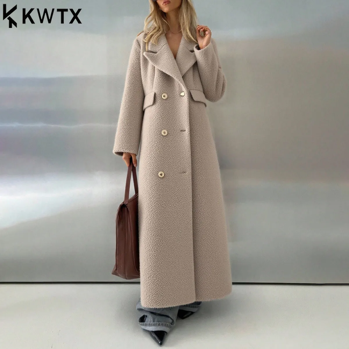 

KWTX 2025 осень-зима новый женский кашемировый плащ двубортный с поясом на талии элегантный длинный шикарный повседневный однотонный плащ