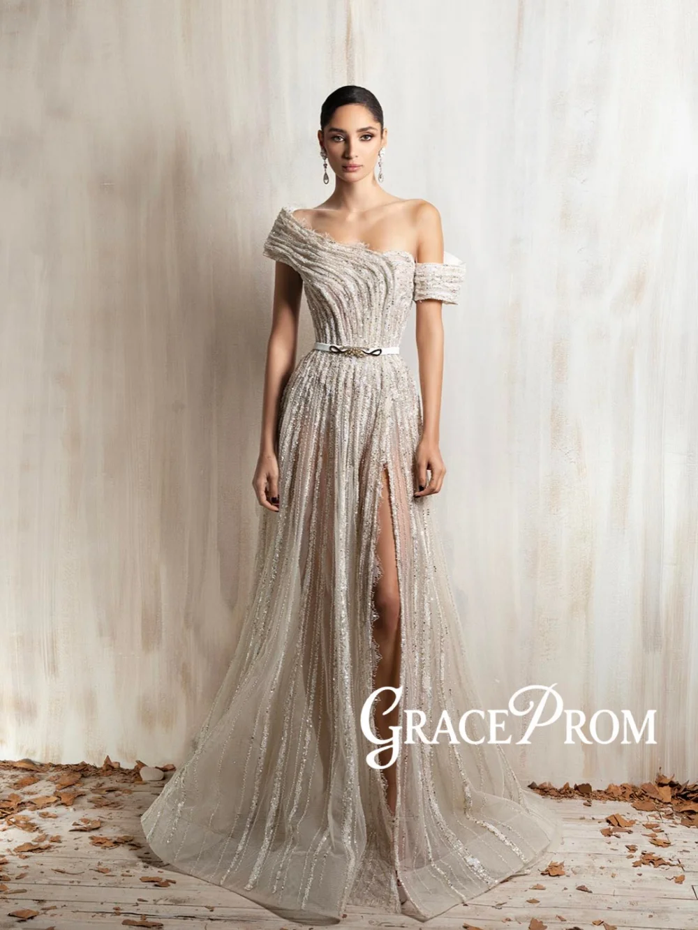 

Gorgeous Shinny Beaded Evening Dress Sexy Off Shoulder High Slit Wedding Party Gown Customized Elegant A-line Red Carpet Gowns