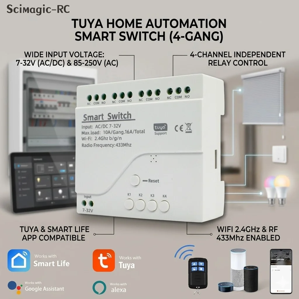 

4CH WiFi Relay Module Tuya Smart Wireless Motor Switch 4 Channel 7-32V 85-250V 220V 110V 2200W RF433 10A 4Way Receiver For Alexa