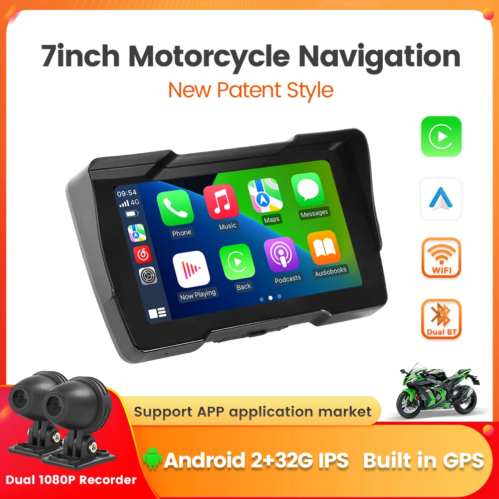 

7 Inch Android 2+32GB Motorcycle Navigation Wireless Carplay Auto Display Screen Portable GPS Dual Camera Recorder 1080P Wifi BT