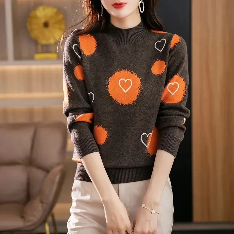 Autumn Winter Thick Warm Chic Love Jacquard Women\'s Sweater 2023 New Wool Knitted Fashion Simple Pullover Knitwear