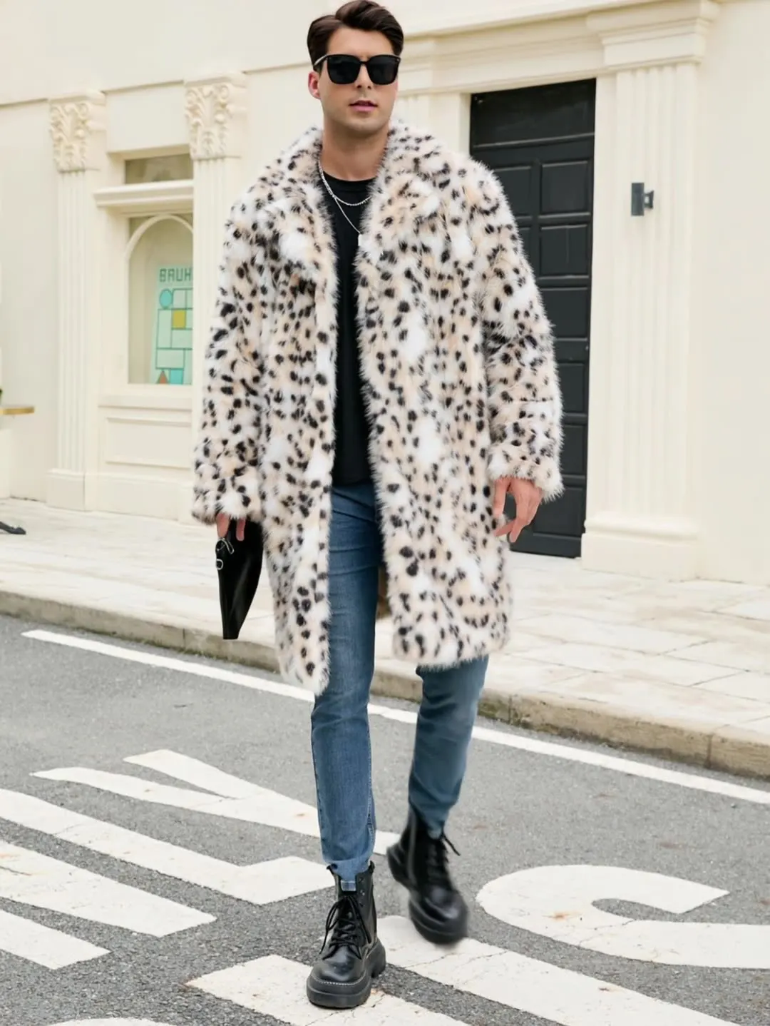 

A new men's long faux fur coat with over-the-knee leopard print thickened and elegant fur coat