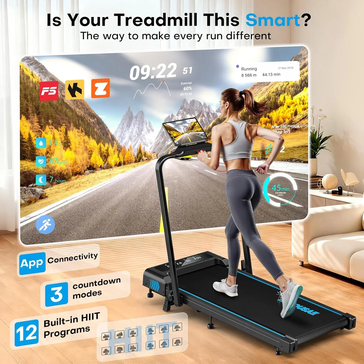 Foldable Home Treadmill with 10% Incline, 7.5MPH Speed, 3.0HP Brushless Motor, 12 HIIT Programs, Full LED Display, Remote Control, App Compatible, 5-in-1 Design, Supports 400 LBS