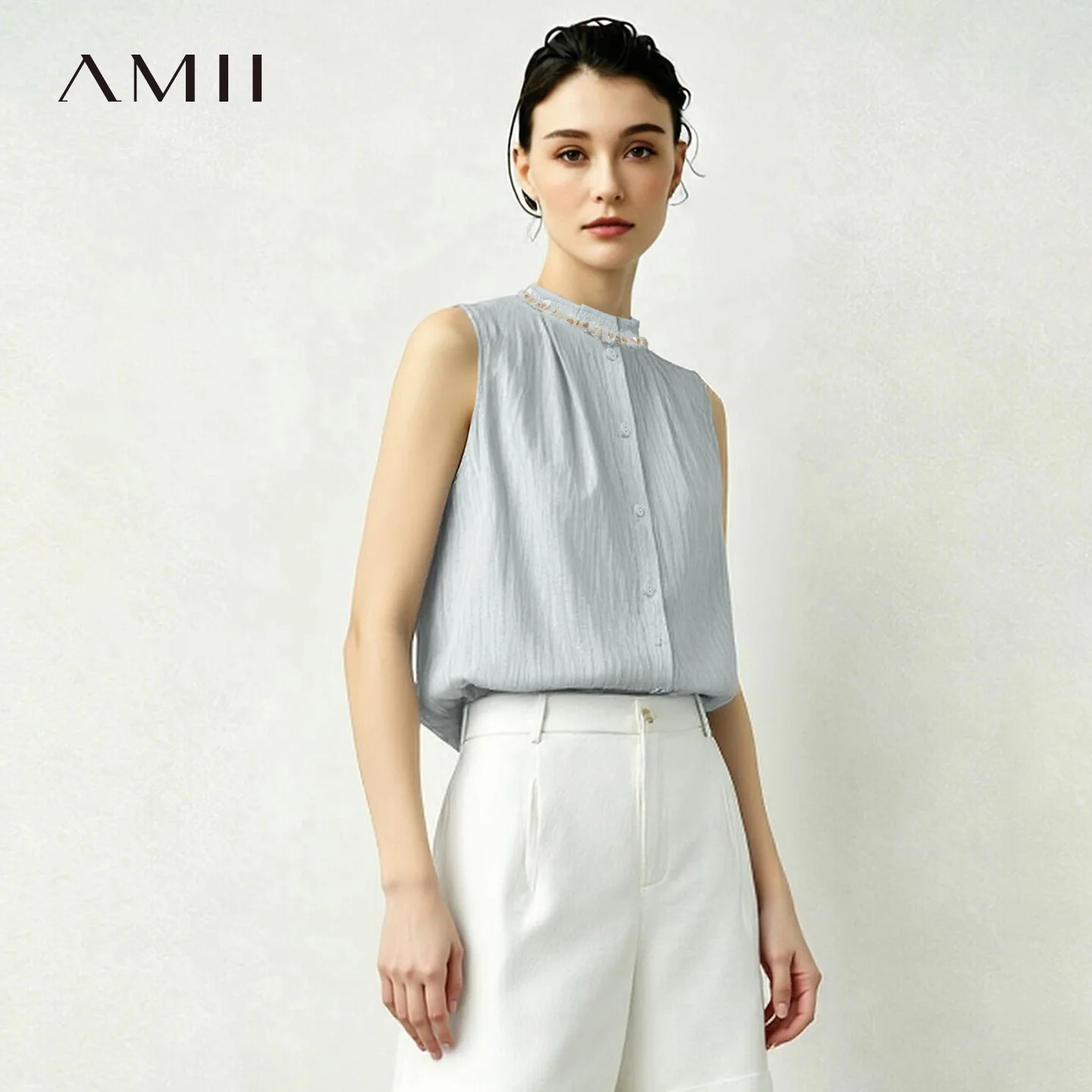 

Amii Women's Shirt 2026 Summer Beaded Trim Acetate Sequin Ribbon Sleeveless Top Loose Elegant Office Women's Clothing 12622180